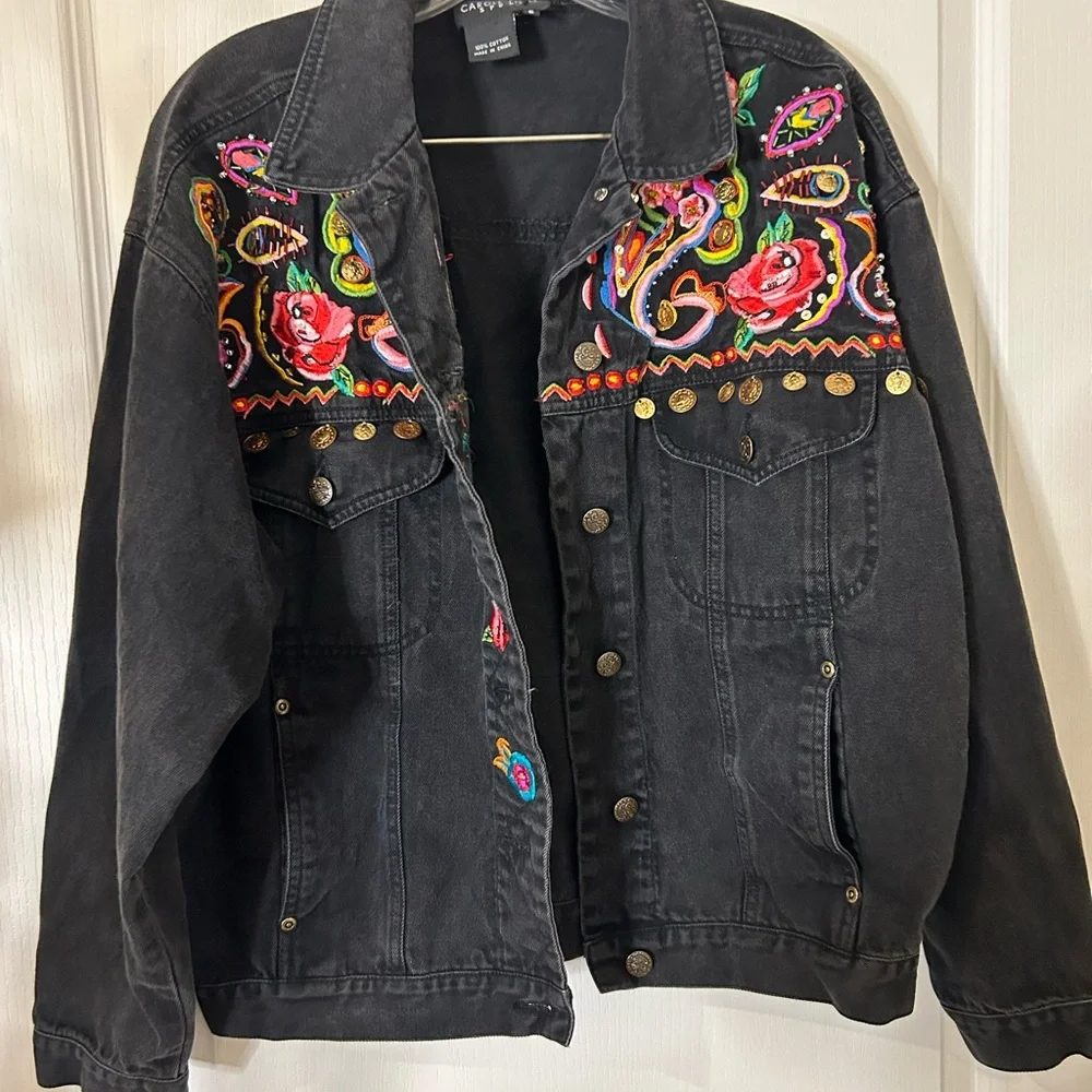 Vintage  Carole Little Women's Denim Jacket  Size 6 black  Jingly coins colorful
